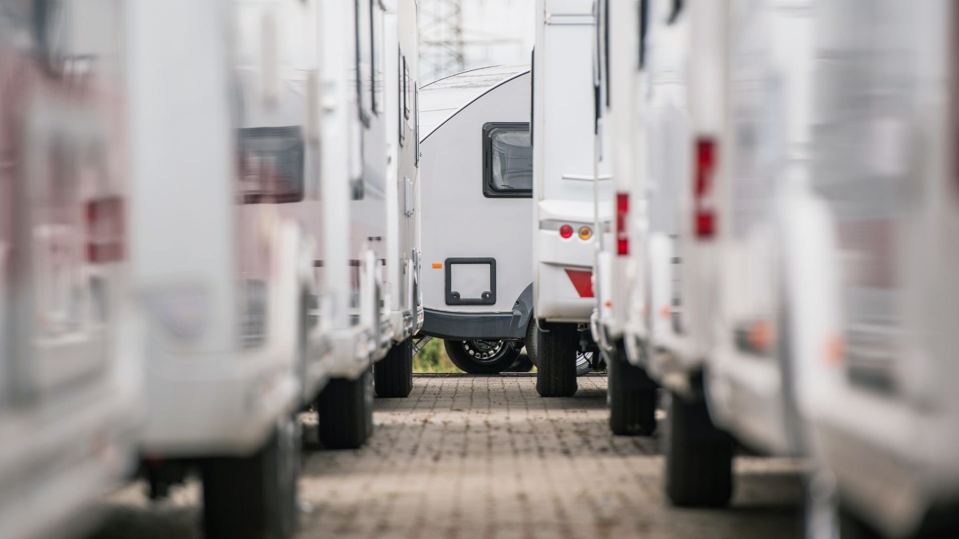 Row of white recreational vehicles and motorhomes parked in lined formation