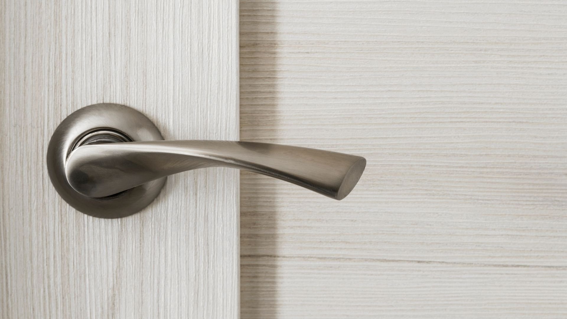 Modern brushed nickel door handle on light wood textured door
